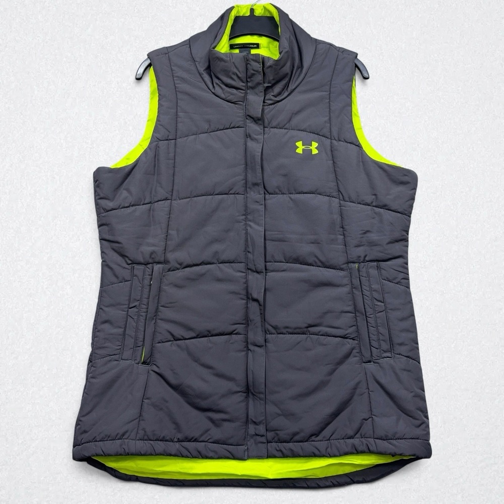 Under Armour Puffer Vest Jacket Womens XL Charcoal Green Full Zip Pockets